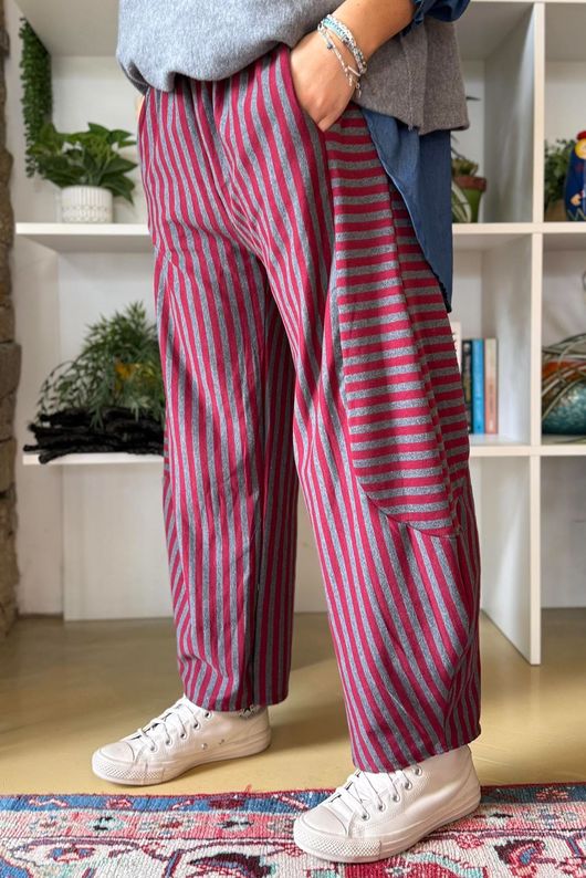 Sunday Morning 7/8 Barrel Pant Grey & Burgundy